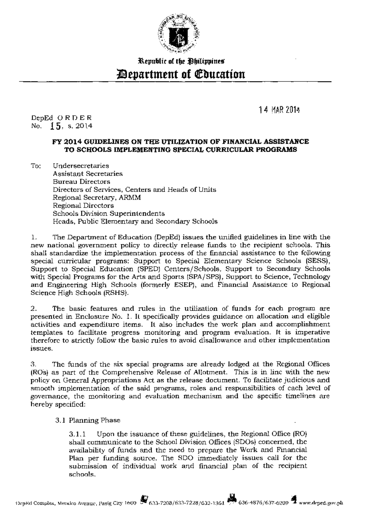 DepEd Order No. 15, S. 2014: Guidelines for Financial Assistance ...