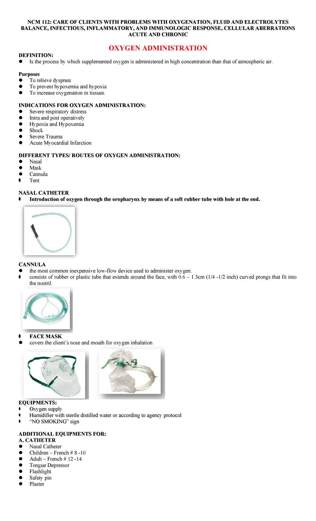 NCM 112: Skills for Oxygenation Management and Patient Care - Studocu
