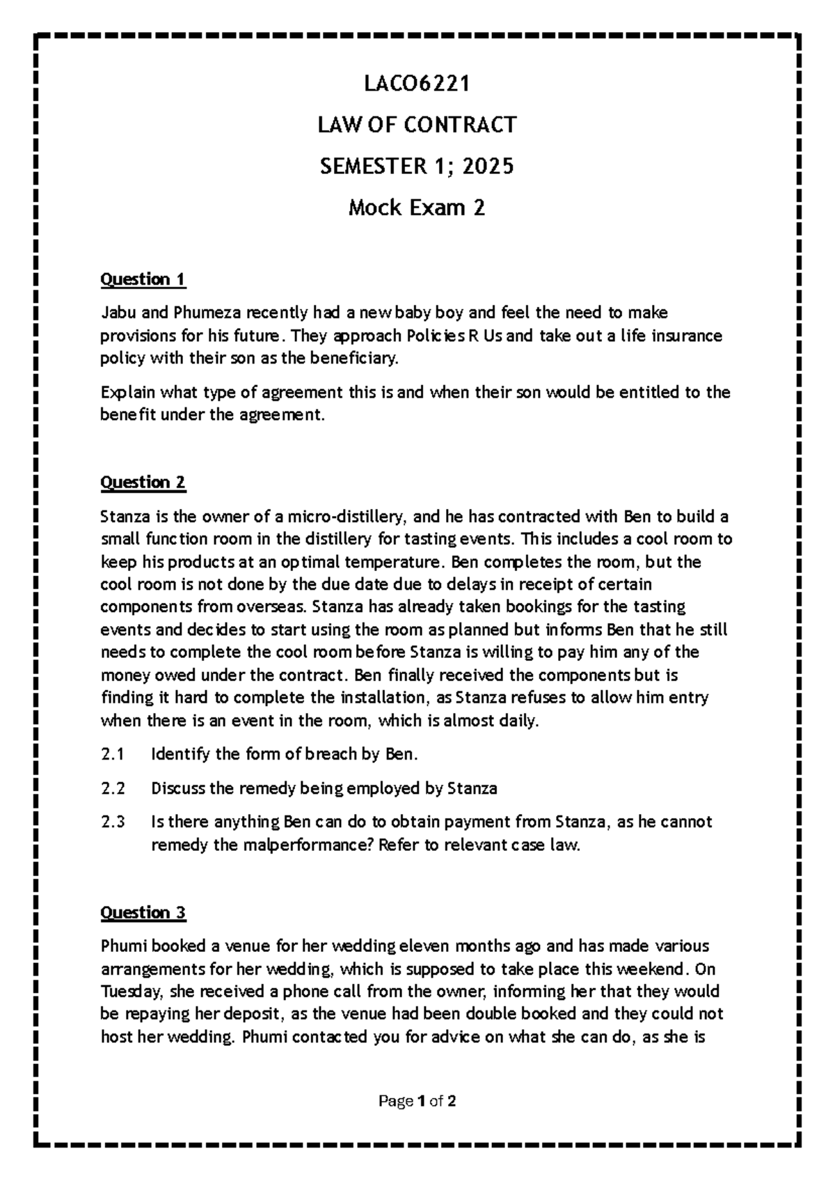 LACO6221 LAW OF CONTRACT SEM 2025 Mock Exam 2 Questions & Analysis ...
