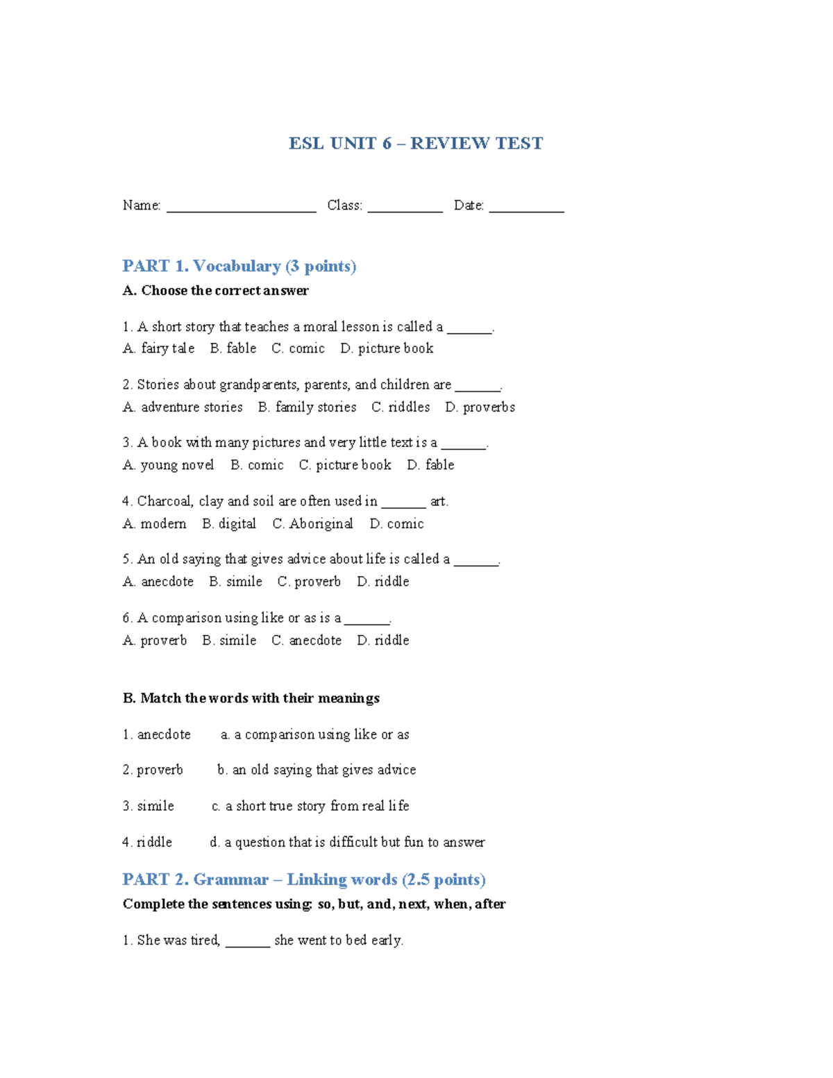 ESL Unit 6 Review Test: Vocabulary & Grammar Practice - Studocu