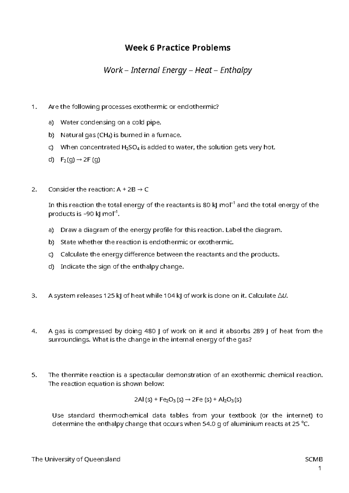 CHEM1100 Week 6 PSS: Internal Energy, Heat, and Enthalpy Problems - Studocu