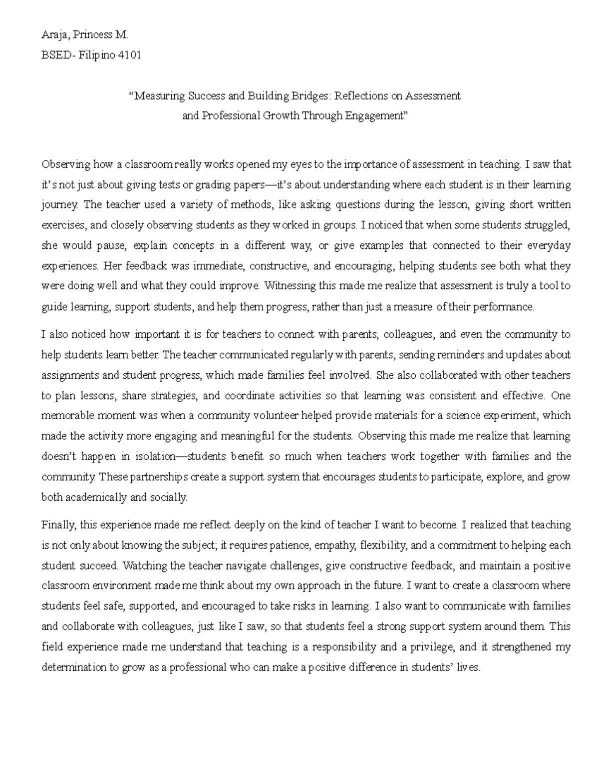 Filipino 4101 Reflection No. 2: Insights on Assessment & Growth - Studocu