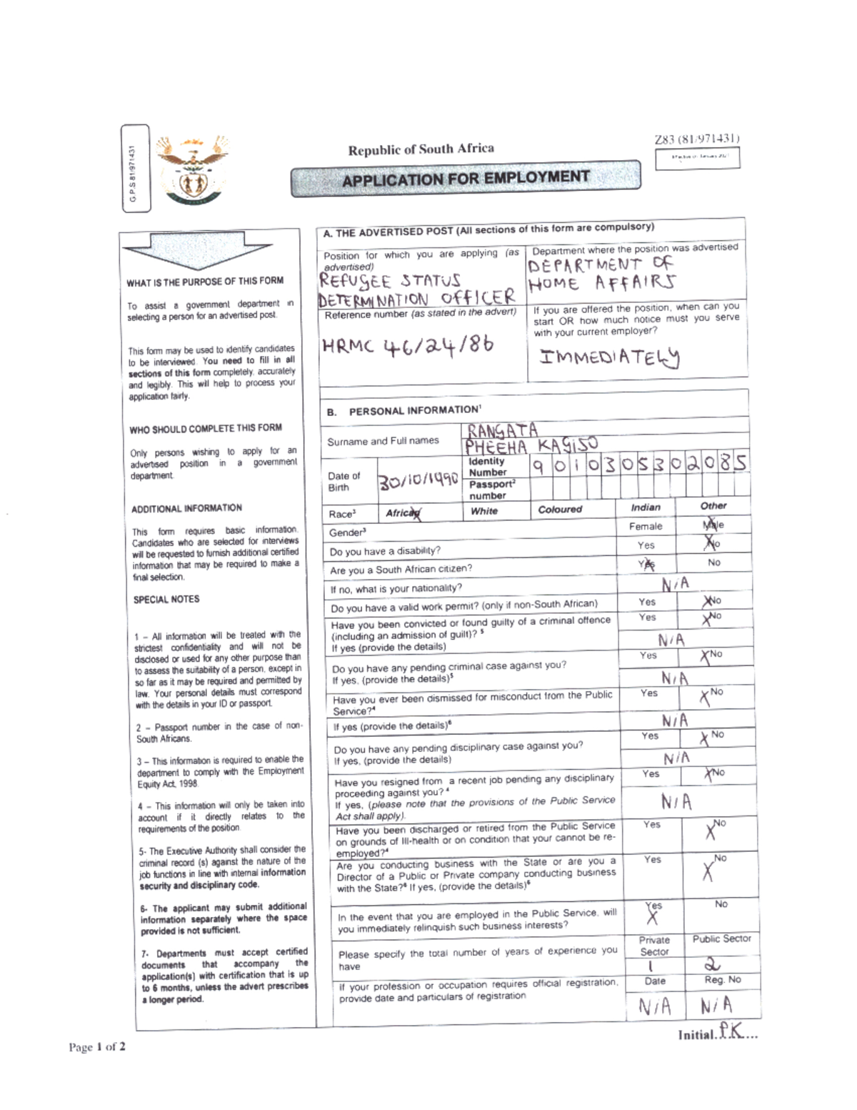 Z83 - APPICATION - Z83 Republic of South Africa Effective J. January ...