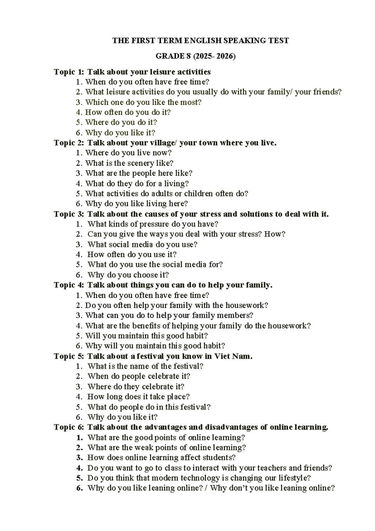 Grade 8 English Speaking Test Topics (2026) - CK1 - Studocu