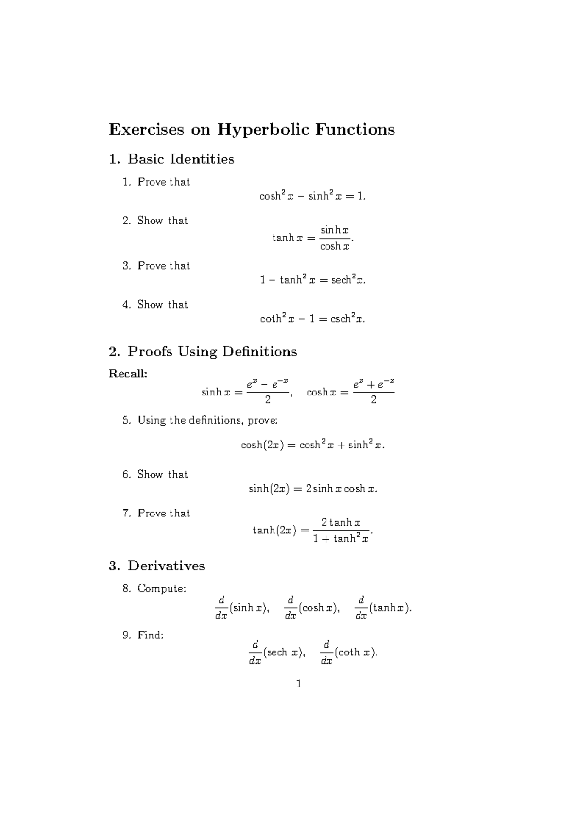 Exercises on Hyperbolic Functions: Basic Identities and Proofs - Studocu