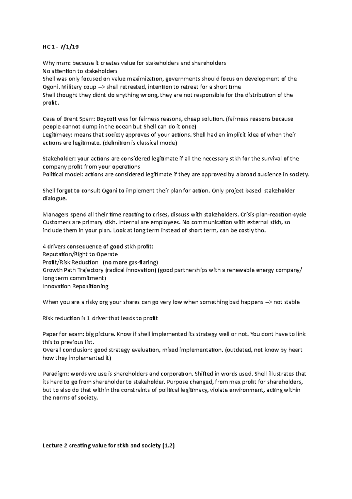 HC Case Study Notes on Shell: Stakeholders, Value Creation & Legitimacy ...