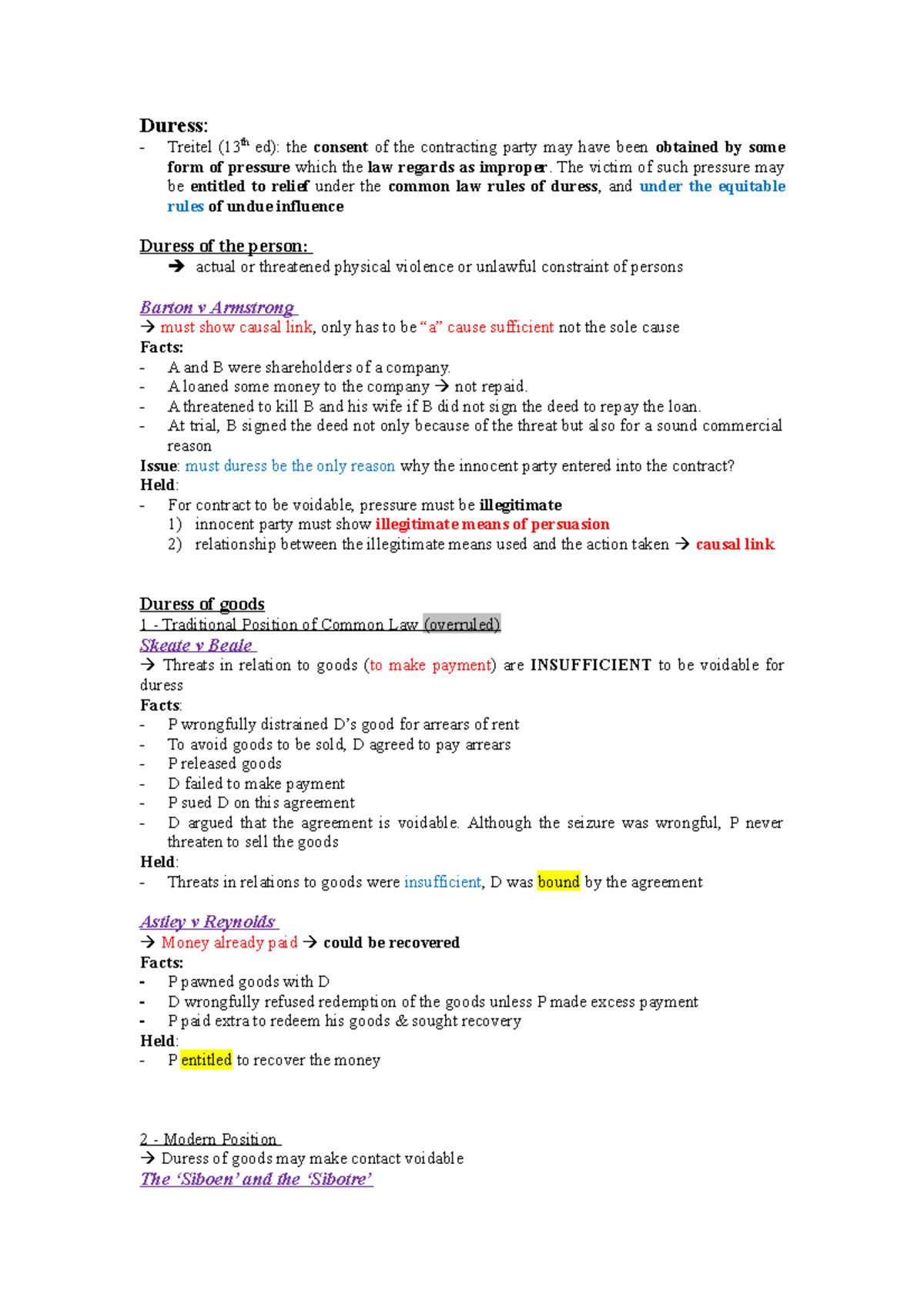 Course Code: LAW101 - Final Exam Notes on Duress and Contract Law - Studocu