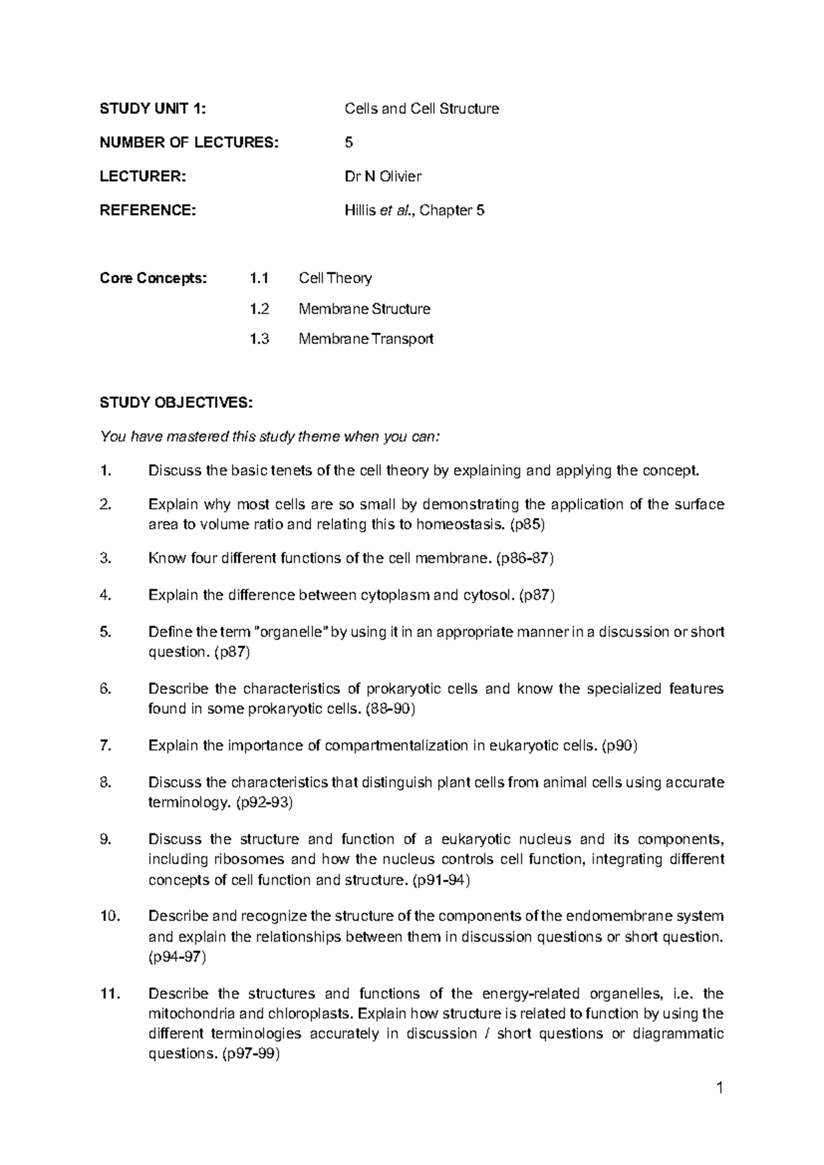 Study unit 1: Cells and cell structure - Learning outcomes SU1 2025 ...
