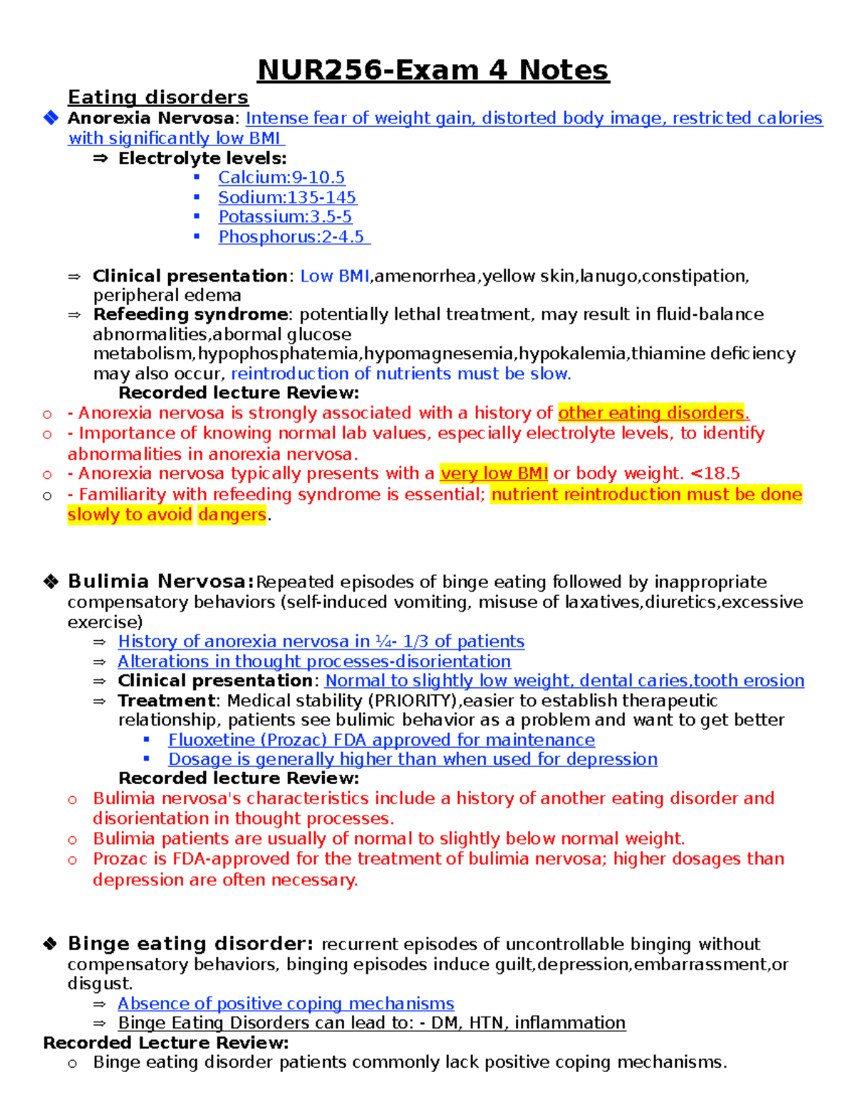 NUR256 Final Exam Notes: Eating Disorders & Substance Use Disorders ...