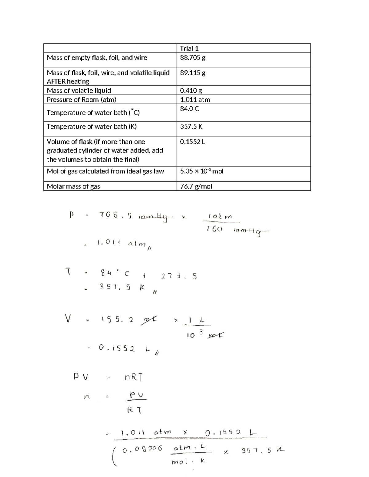 Data Sheet Table 12-6-22 - CHE 151 - Trial 1 Mass of empty flask, foil ...