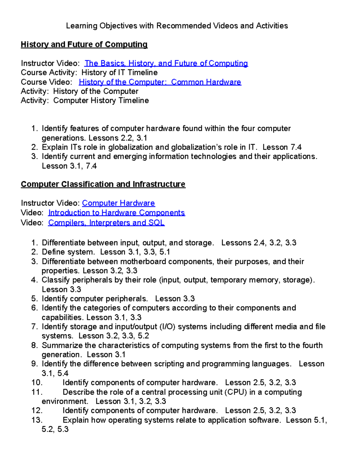 Learning Objectives & Activities for IT Course (IT 101) - Studocu