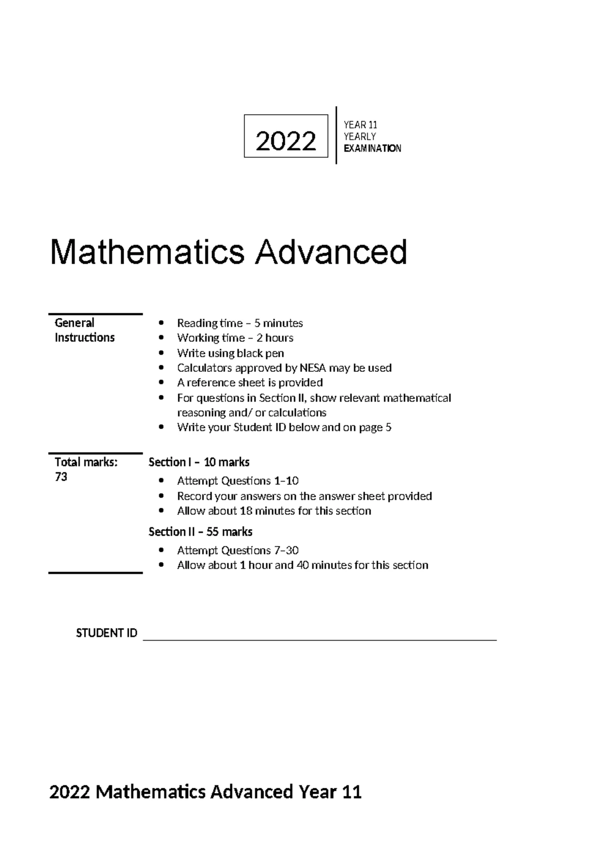 2022 Year 11 Mathematics Advanced Final Exam Instructions and Questions ...
