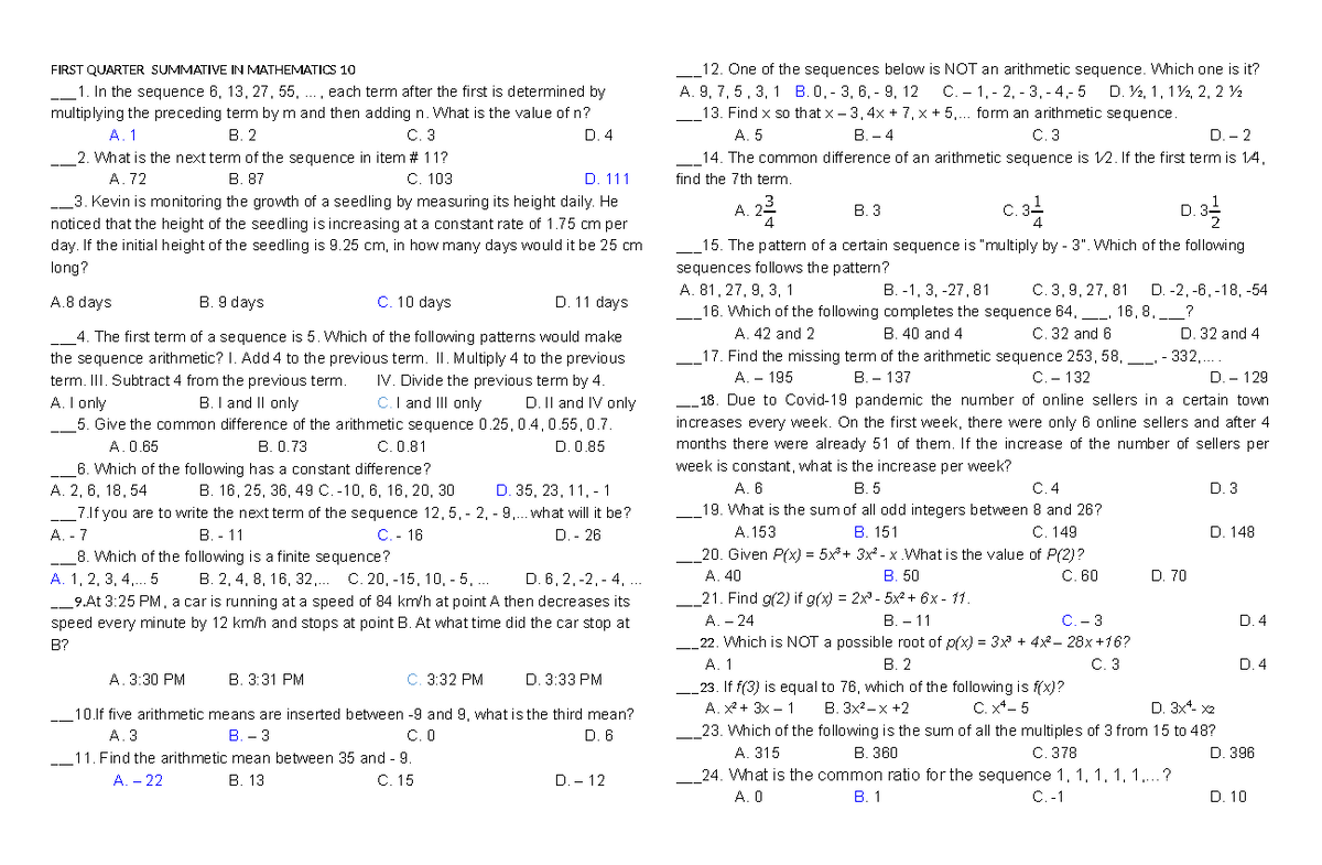 First Quarter Summative IN Mathematics 10 - FIRST QUARTER SUMMATIVE IN ...