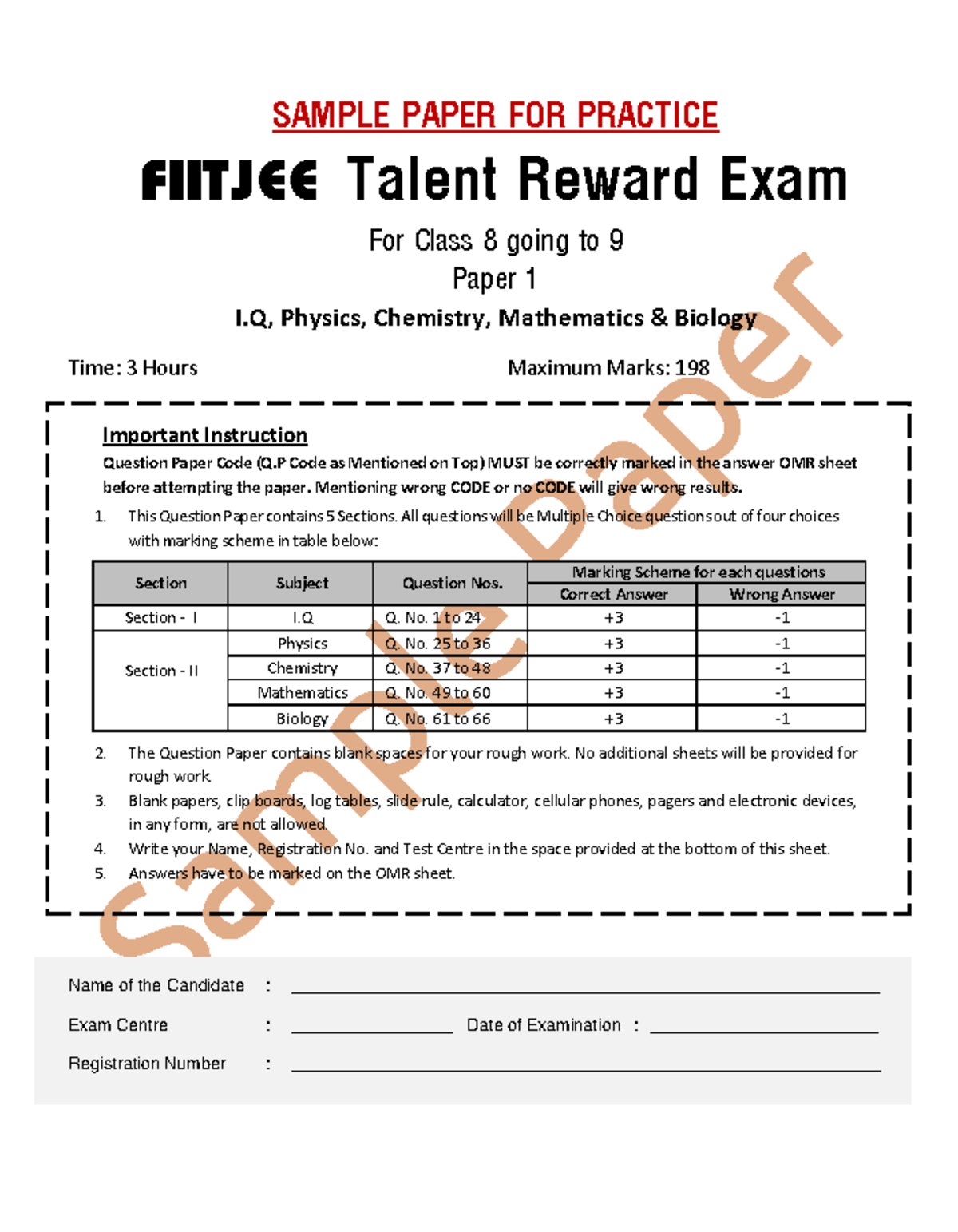 FIITJEE FTRE Sample Paper Class 8-9: Practice Paper 1 (IQ, PCBM) - Studocu