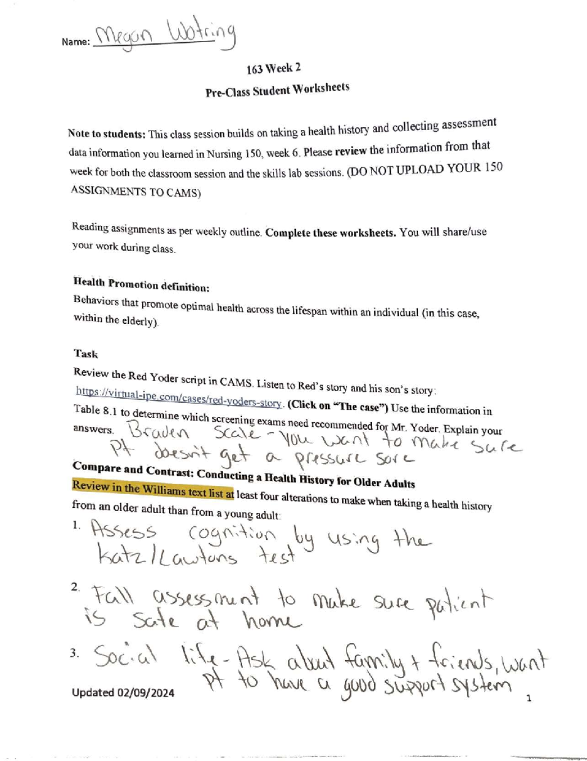 NUR 163 Week 2 - Health History & Vital Signs Guidelines Worksheets ...