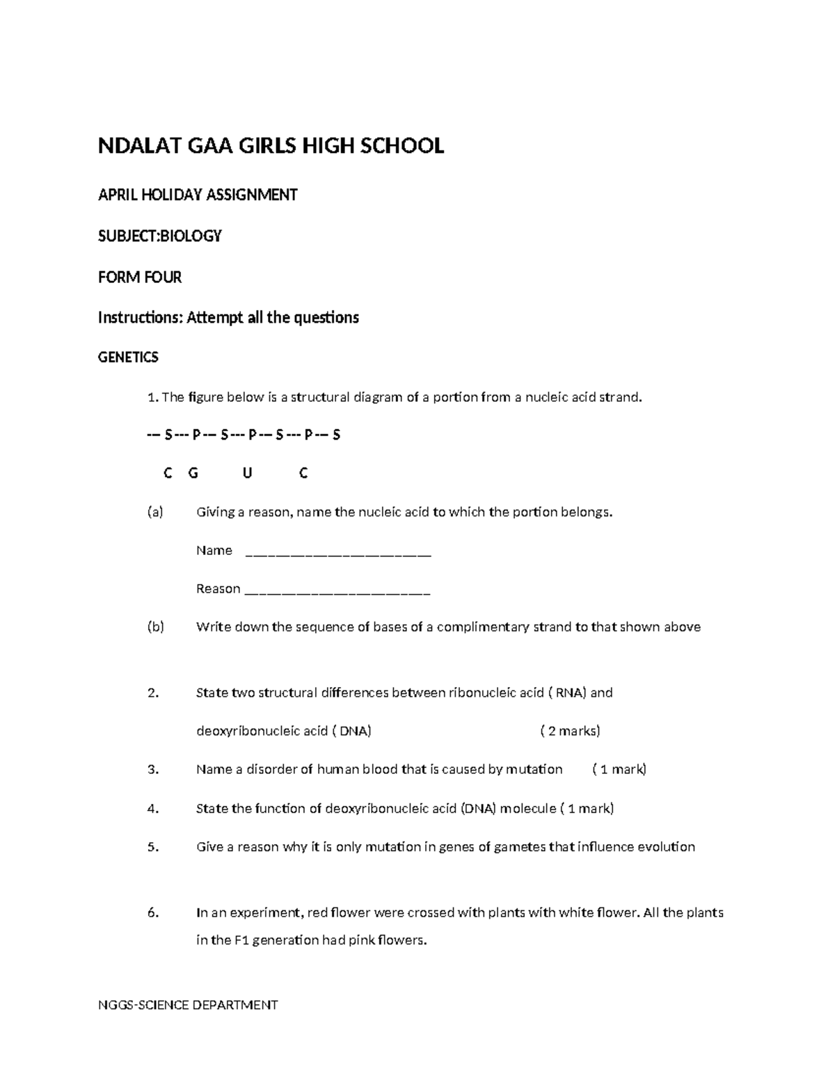F4 Biology Holiday Assignment: Genetics and Nucleic Acids - Studocu