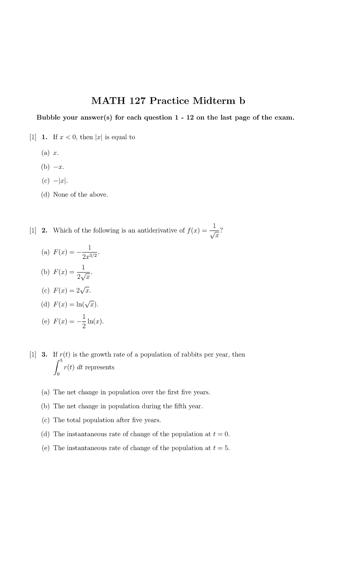 MATH 127 Practice Midterm B Review Questions and Solutions - Studocu