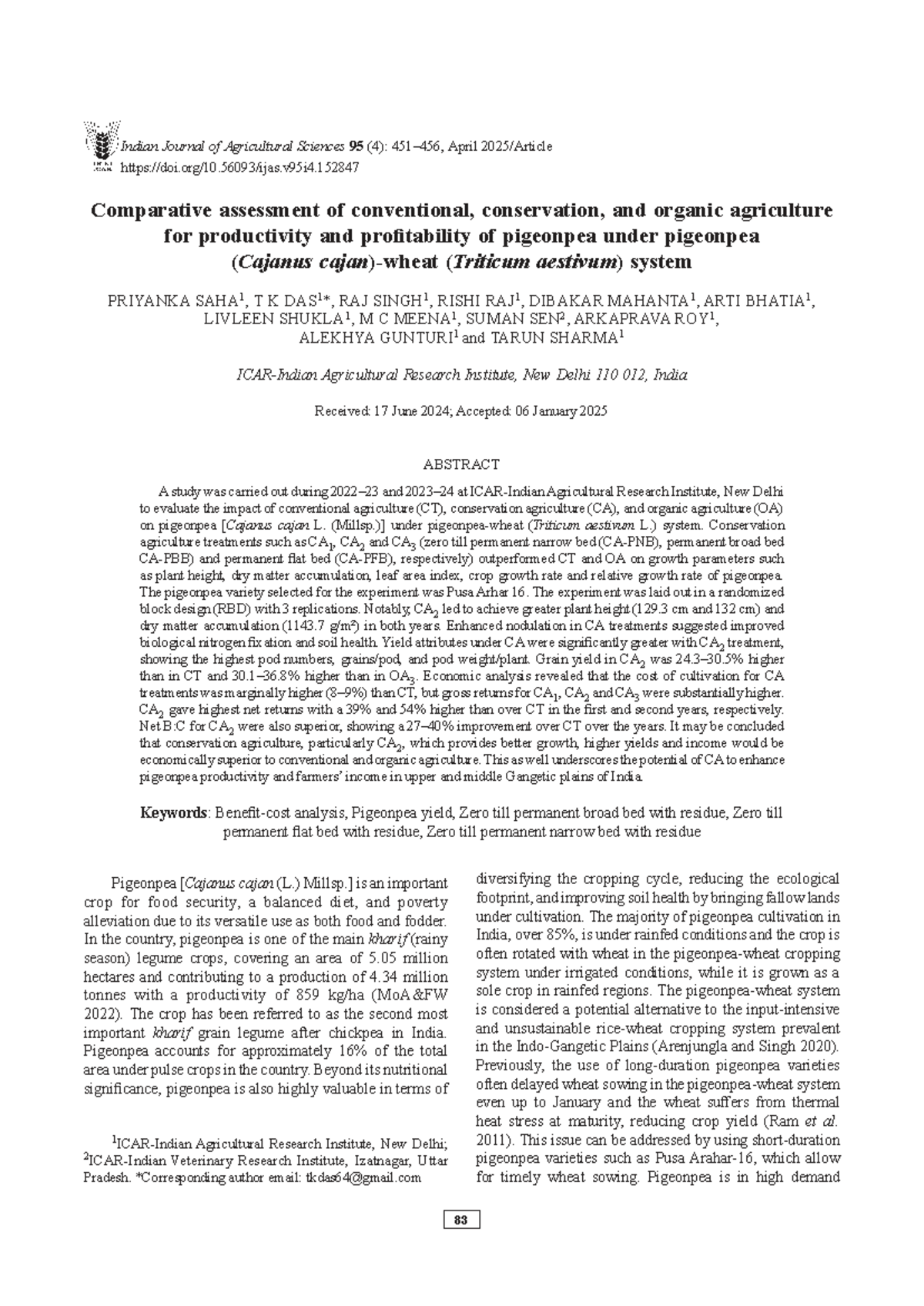 Comparative Study of CA, CT, and OA on Pigeonpea Yield (IJAgri Sci 95 ...