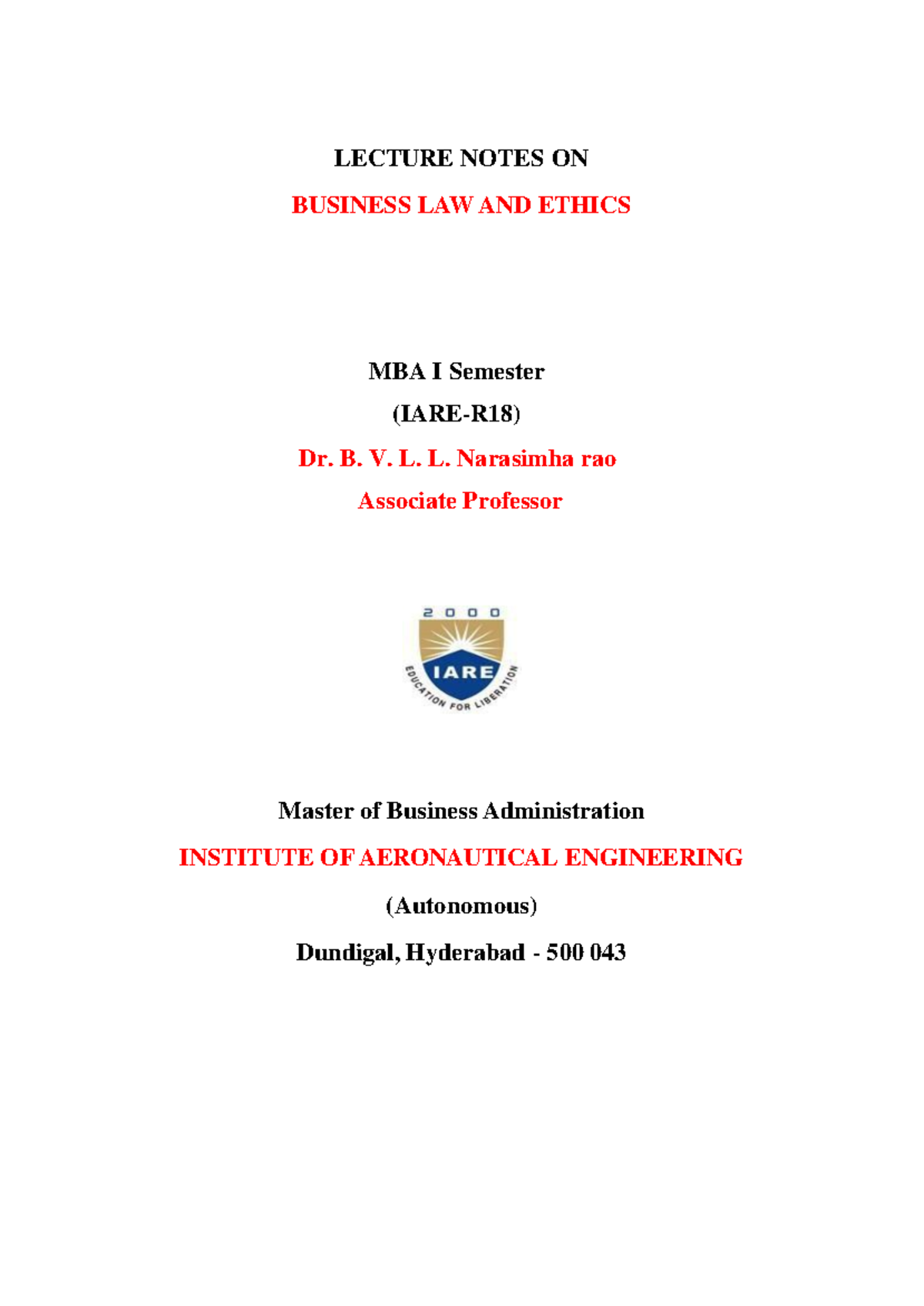MBA I - Business Law & Ethics Lecture Notes (IARE-R18) - Studocu