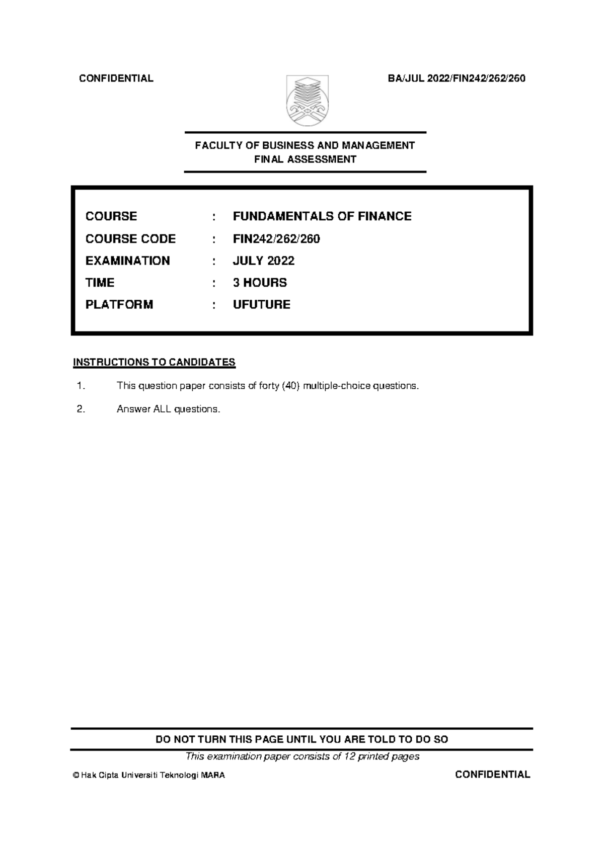 FIN242 JULY 2022 - Final Assessment Past Year Questions - Studocu