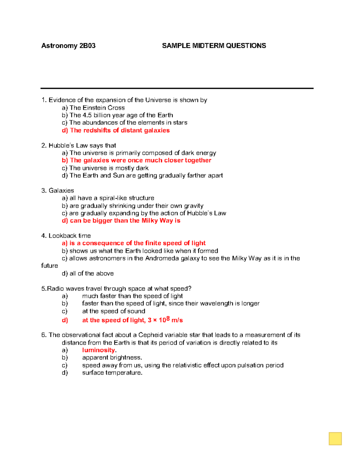 Sample midterm 1 solutions - Astronomy 2B03 SAMPLE MIDTERM QUESTIONS ...