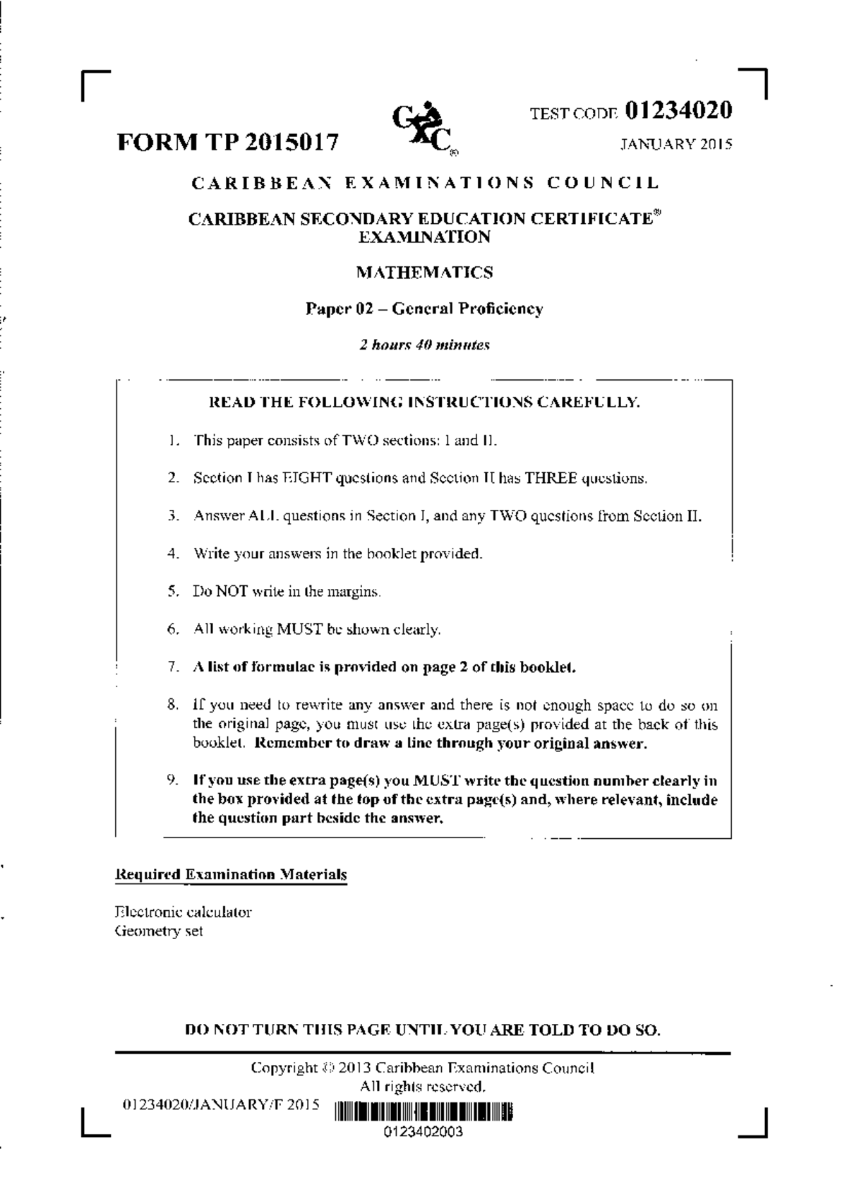 CSEC Mathematics Paper 02 General Proficiency January 2015 Exam - Studocu