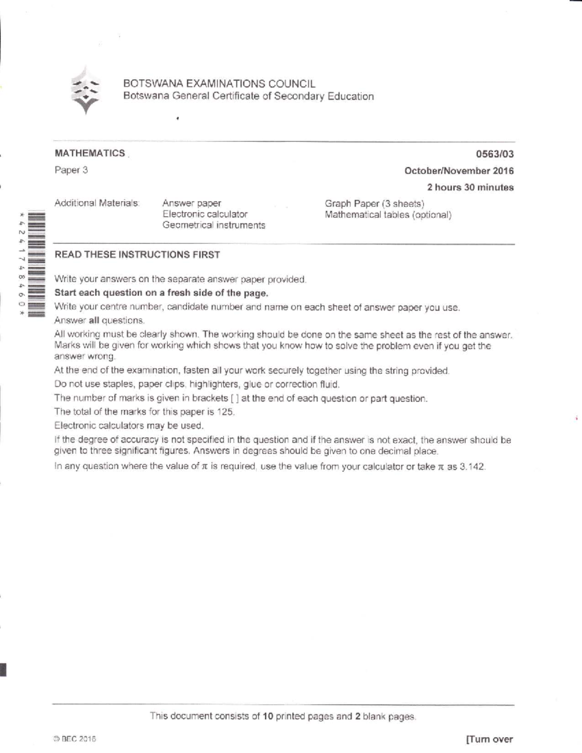 BGSE Mathematics Paper 3 2016 - BEC Exam Questions - Studocu