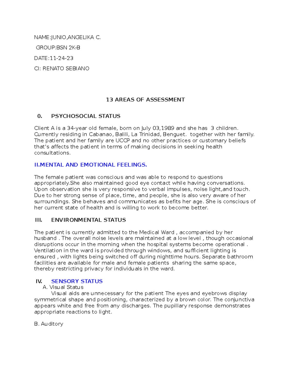 13 Areas of Assessment for Client A in BSN 2K-B - Studocu