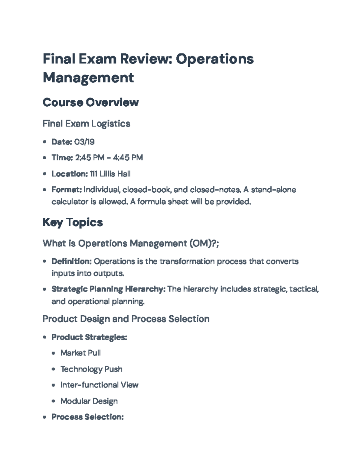 Final Exam Review for Operations Management (Course Code: OM101 ...