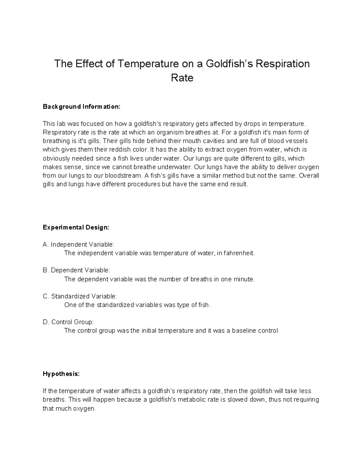 BIO 101: Goldfish Respiratory Rate Lab Report on Temperature Effects ...