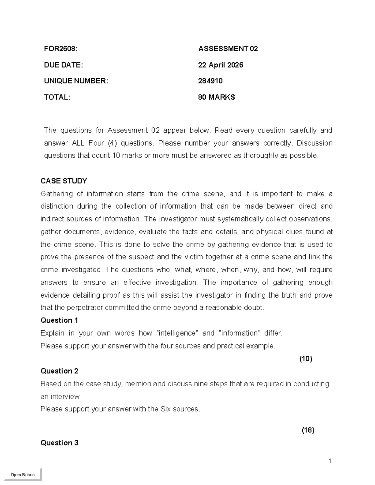 FOR2608: Assessment 02 Case Study Questions & Guidelines - Studocu