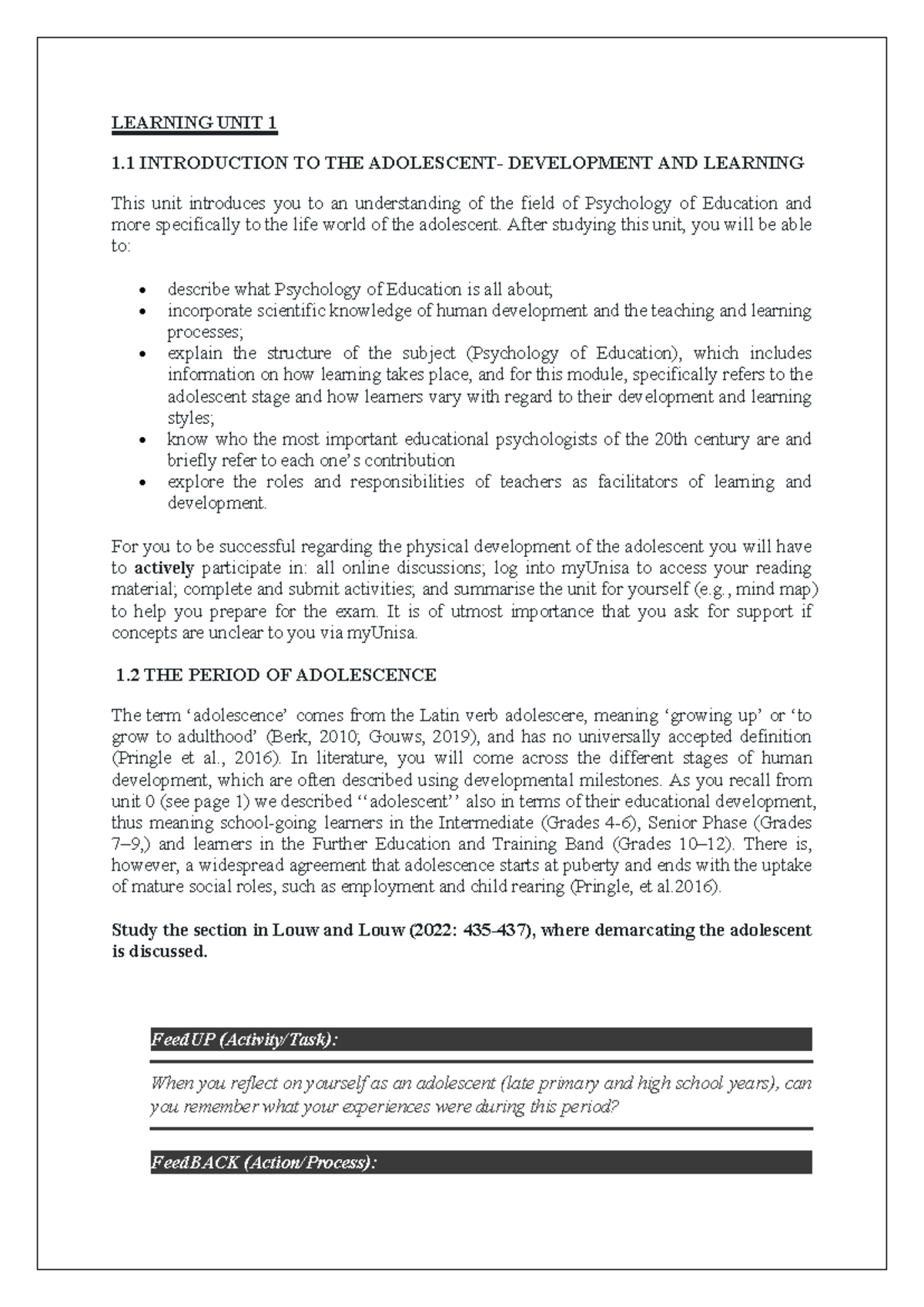 Psychology of Education Unit 1 Study Guide: Adolescent Development ...