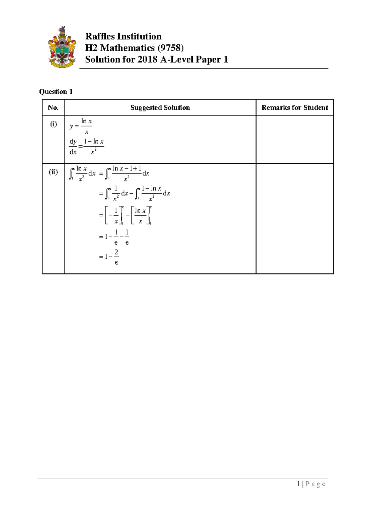 Solution for 2018 H2 Math A-Level Paper 1 - Question 1 No. Suggested ...