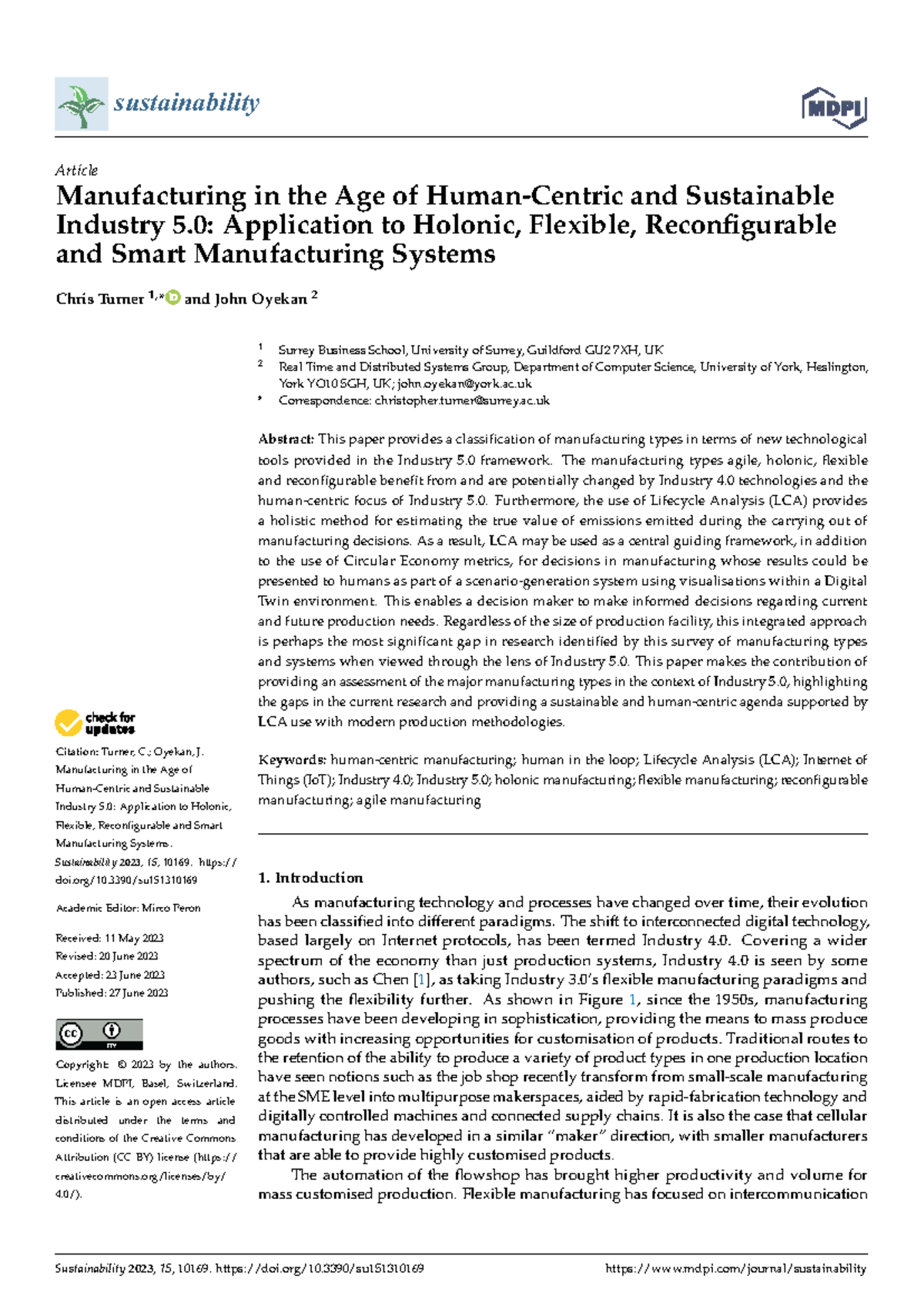 Sustainability 2023: Manufacturing in the Age of Industry 5.0 and LCA ...