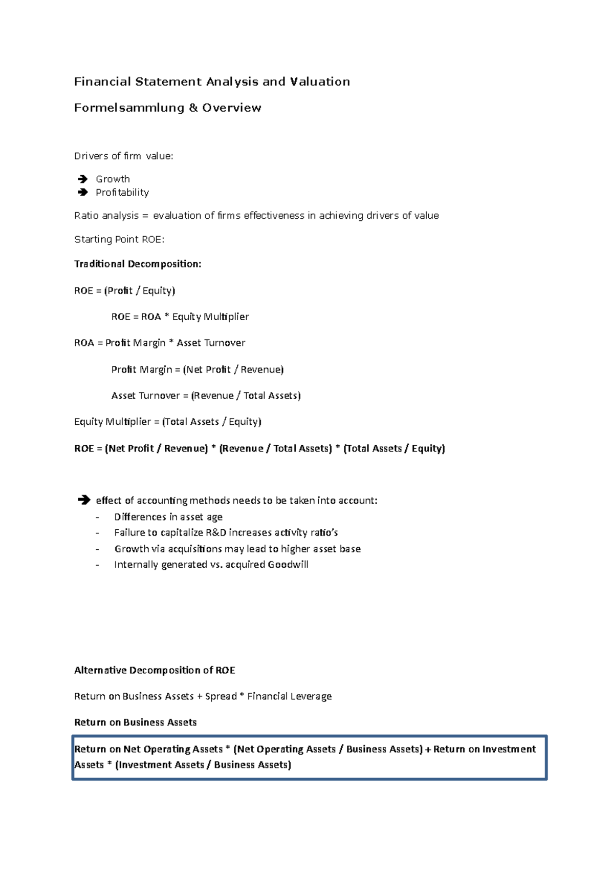 Formulas for Financial Statement Analysis & Valuation (FIN 301 ...