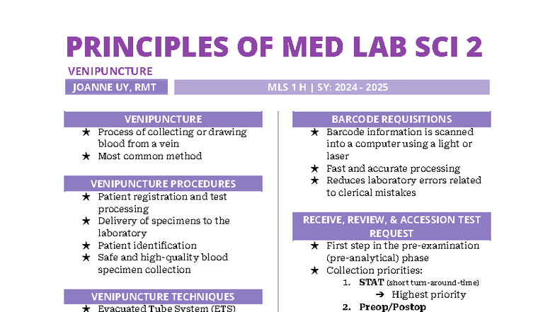 MLS 1 H SY: 2024-2025 Venipuncture Techniques and Procedures - Studocu