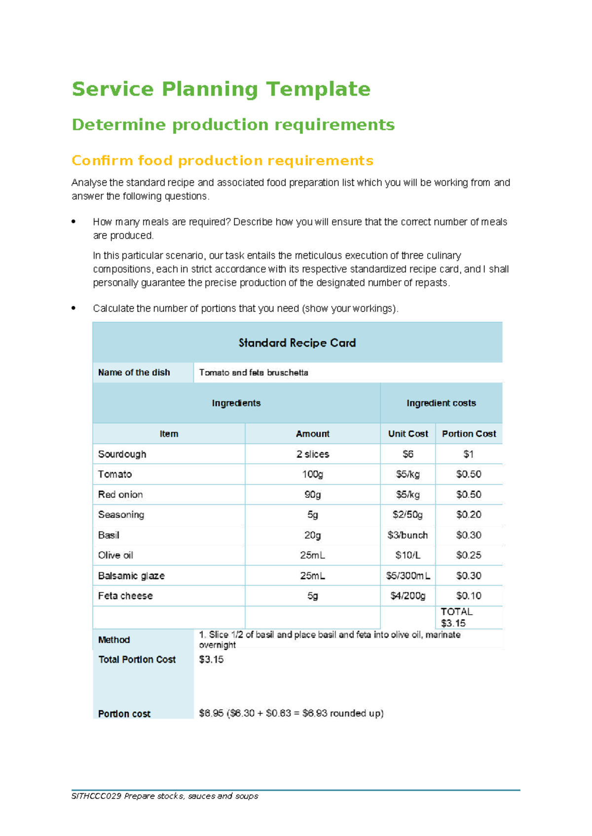 SITHCCC029 Service Planning Template for Culinary Production - Studocu