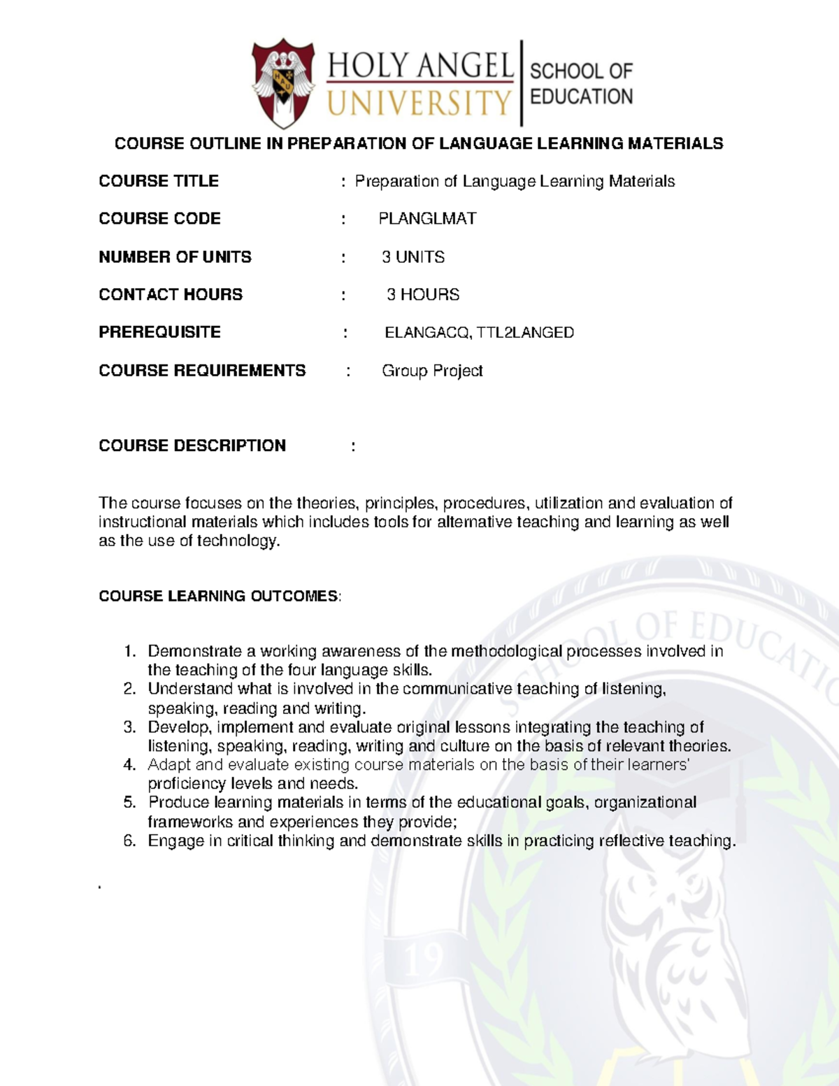 Preparation of Language Learning Materials Syllabus - PLANGLMAT - Studocu