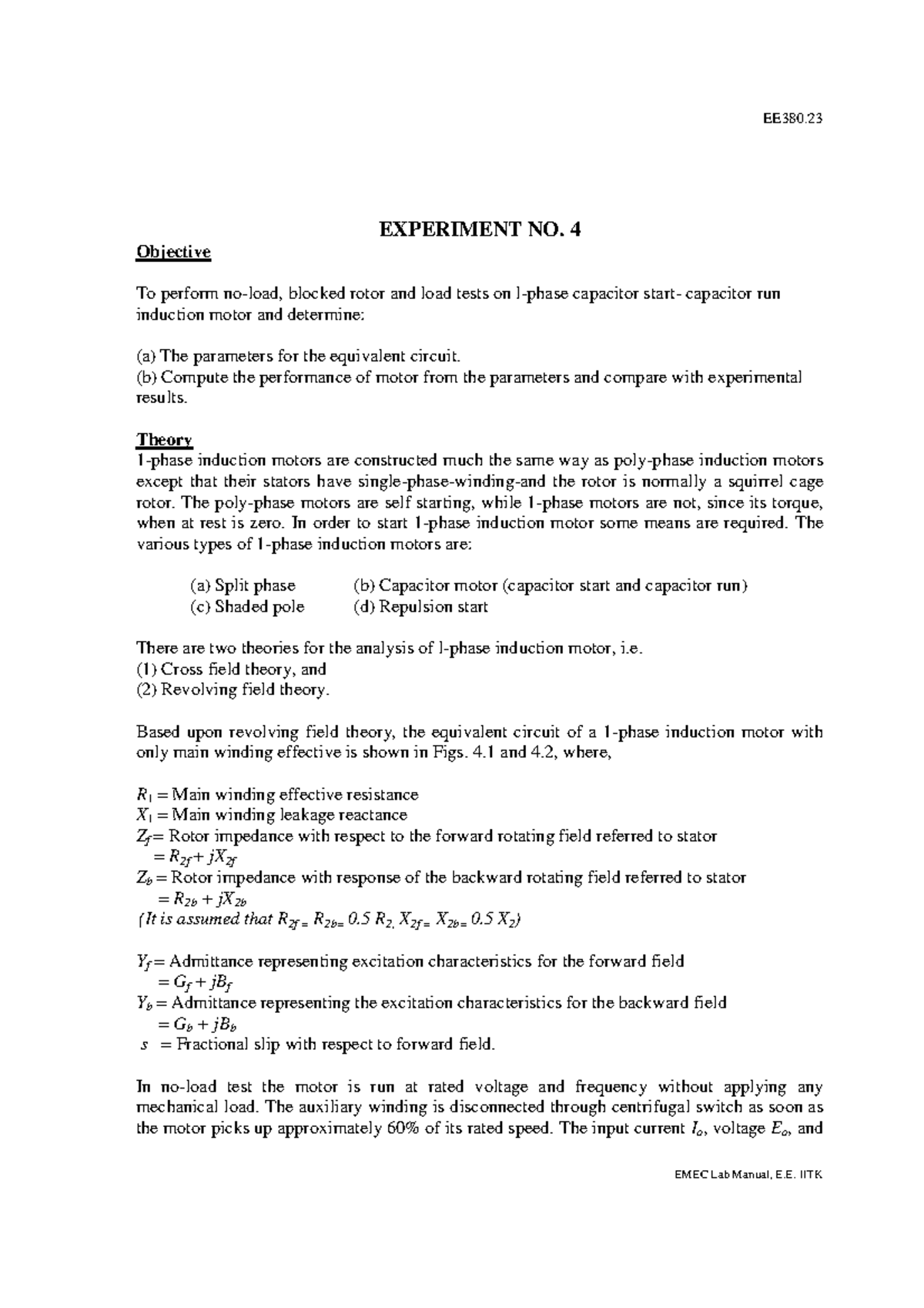 EE380.23 Experiment No. 4: Blocked Rotor & Load Tests on Induction ...