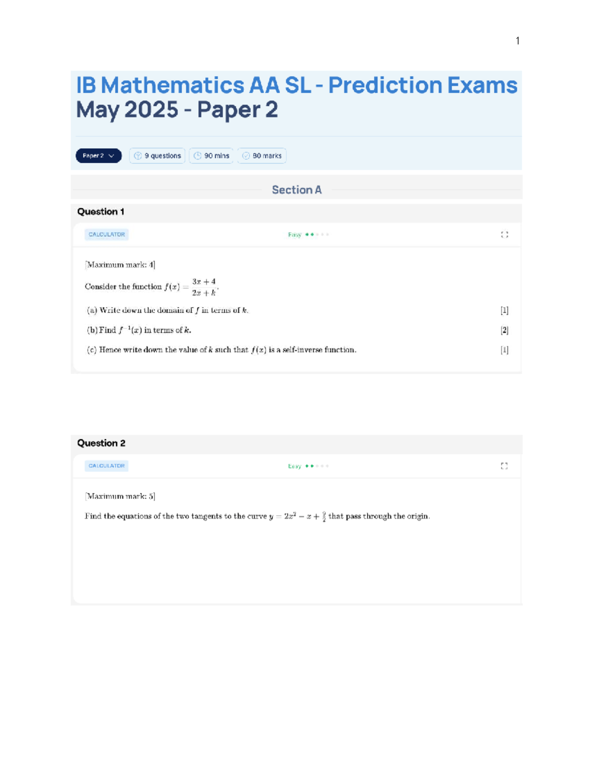 1 IB Mathematics AA SL May 2025 Prediction Exam Paper 2 - Studocu
