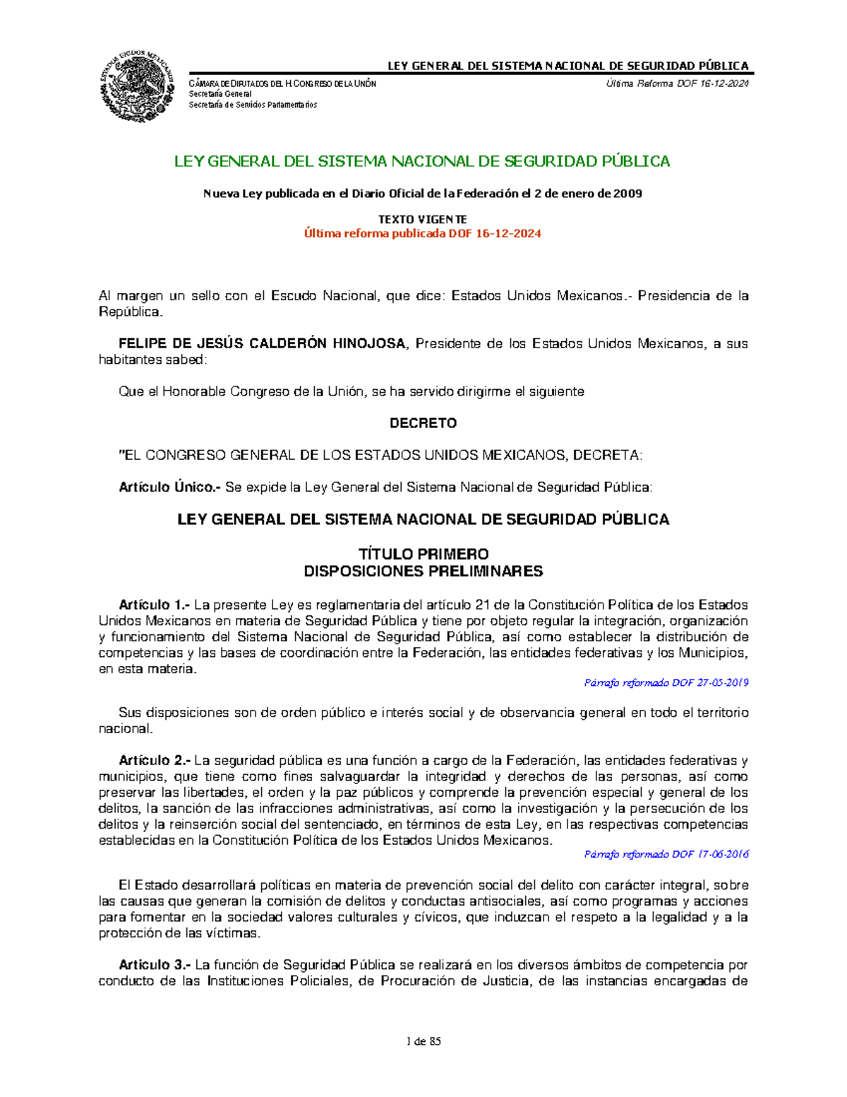 LEY GENERAL DEL SISTEMA NACIONAL DE SEGURIDAD PÚBLICA - LGSNSP - Studocu