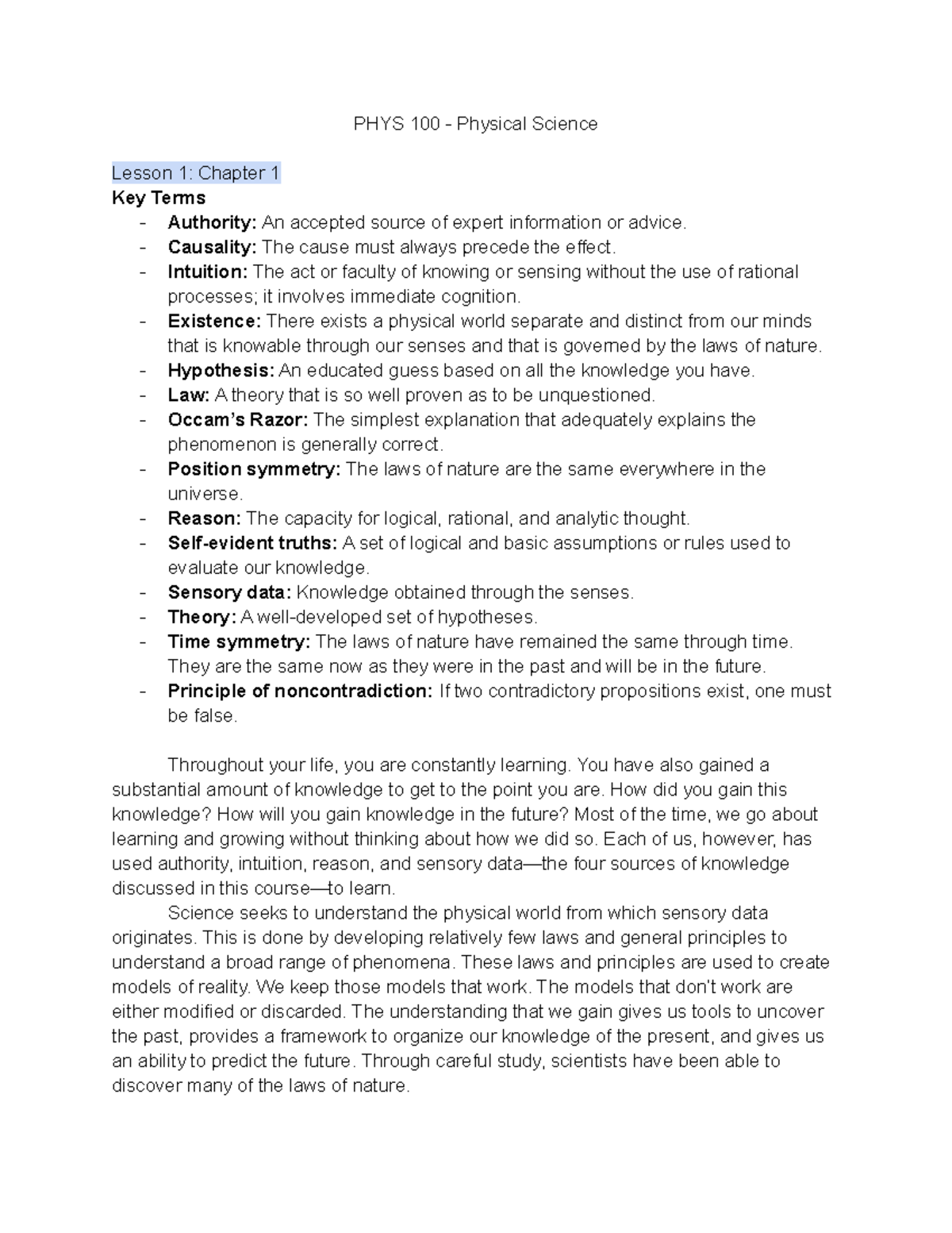 PHY S 100 - Chapters 1-9 Notes (Part 1) - PHYS 100 - Physical Science ...