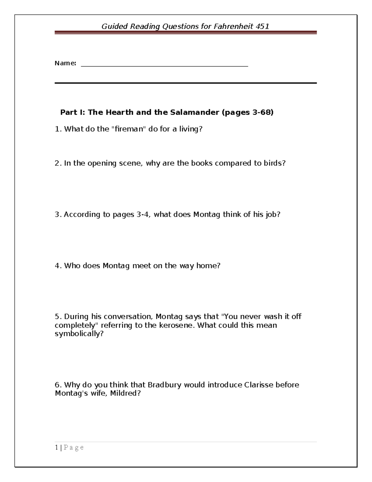 Guided Reading Questions for Fahrenheit 451: Part I & II Study Guide ...