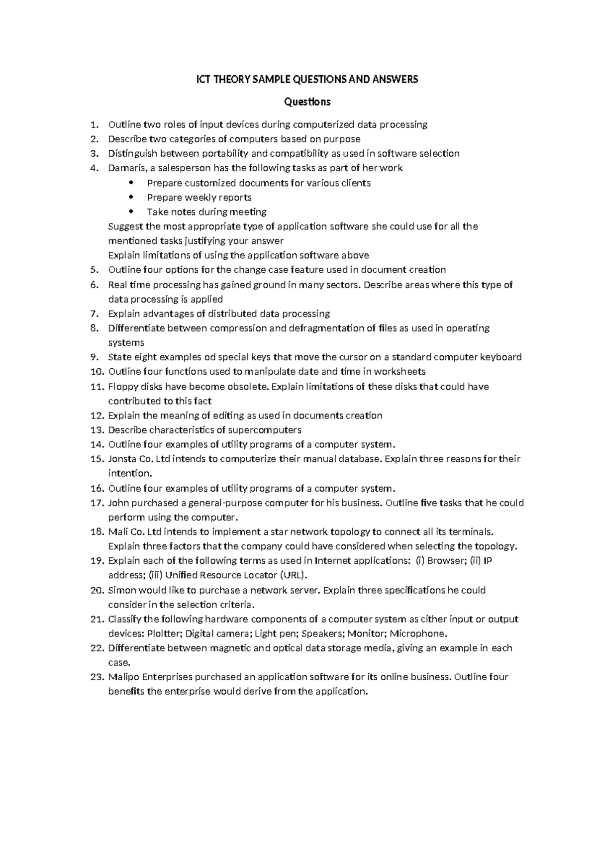 ICT 101: Theory Sample Questions & Answers for Exam Preparation - Studocu
