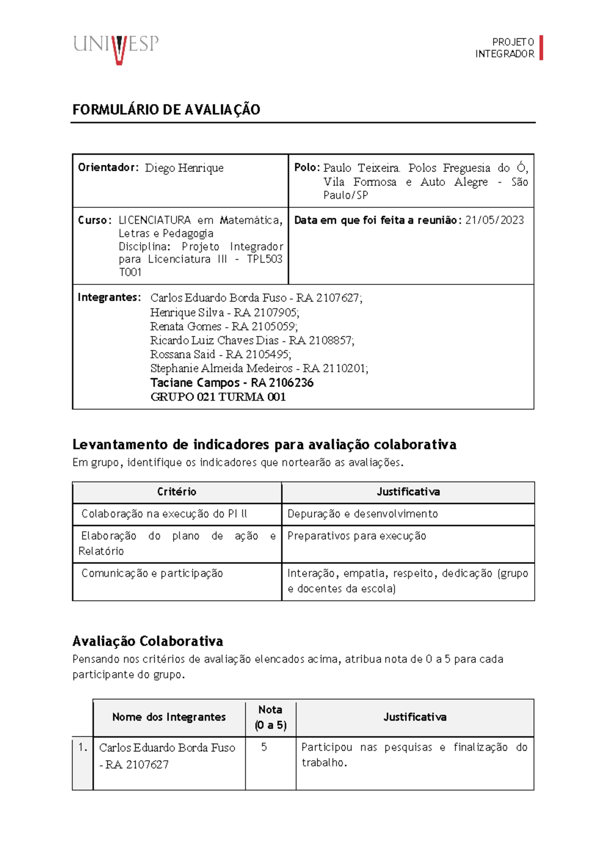 Fomulario de Avaliação Colaborativa - Grupo 021 - PI-III - PROJETO ...