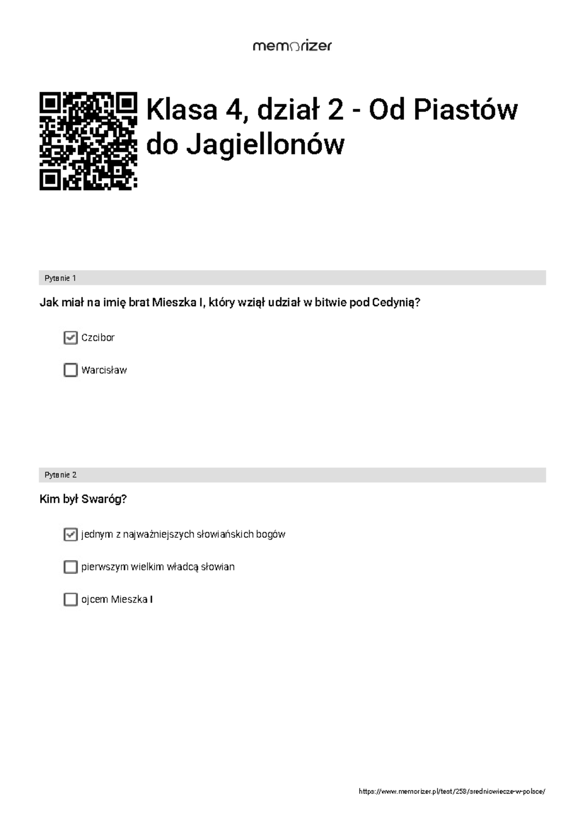 Klasa 4: Dział 2 - Od Piastów do Jagiellonów - Pytania i Odpowiedzi