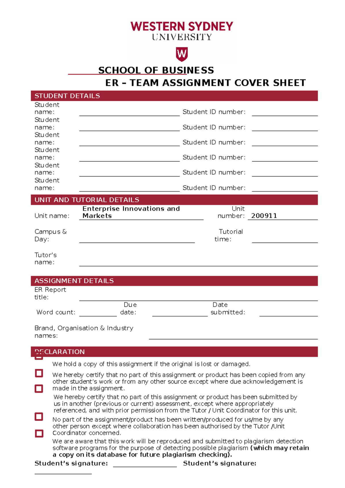 Team Assignment cover sheet - SCHOOL OF BUSINESS ER – TEAM ASSIGNMENT ...