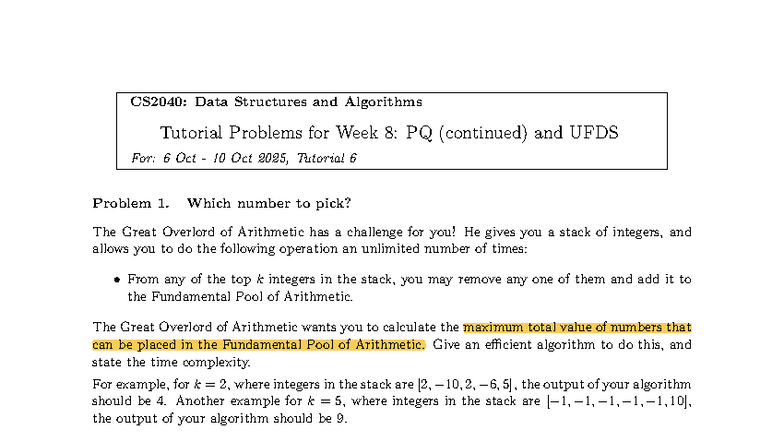 CS2040: Week 8 Tutorial Problems on PQ and UFDS Concepts - Studocu
