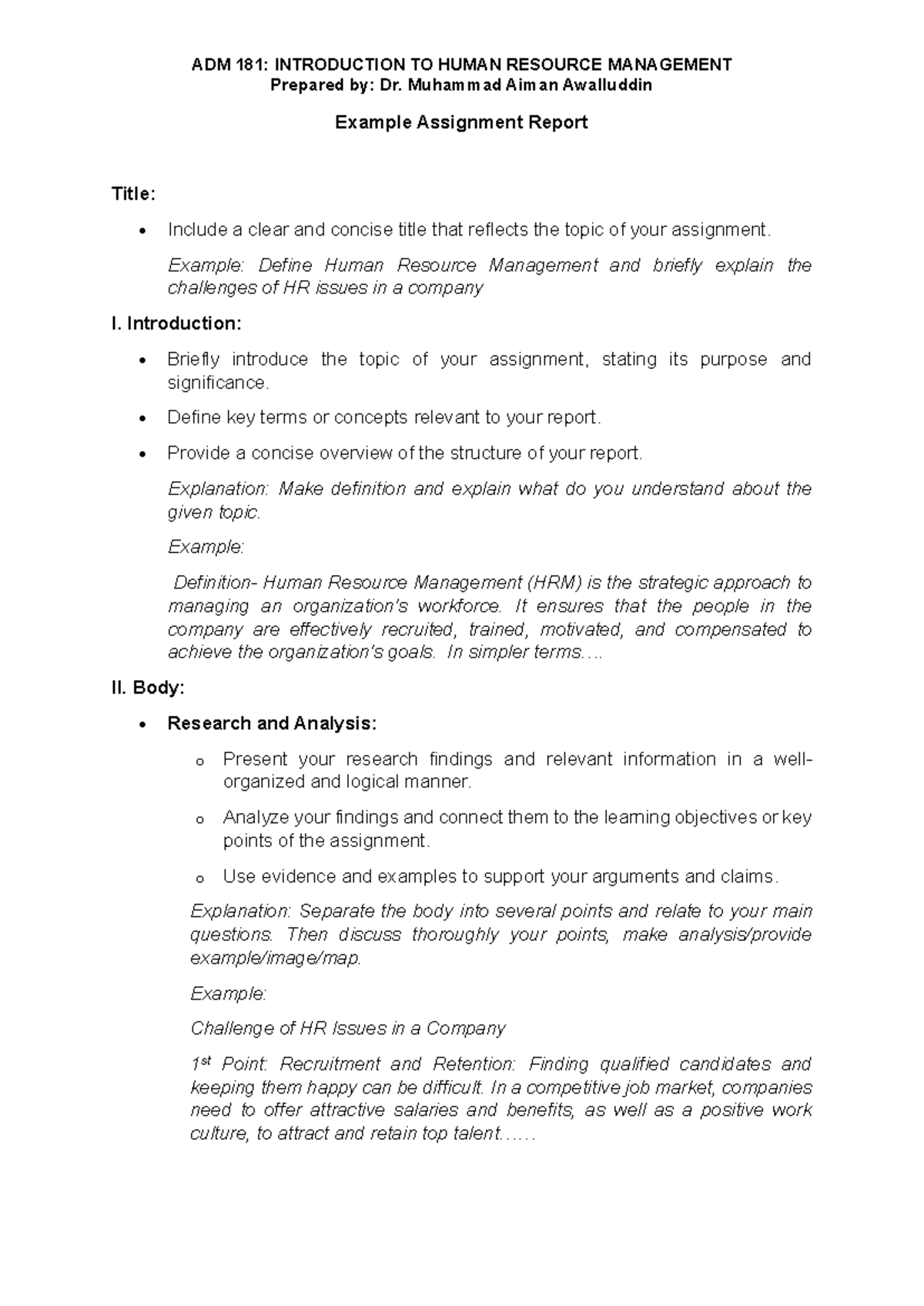 ADM181 Example Assignment Report on Human Resource Management ...