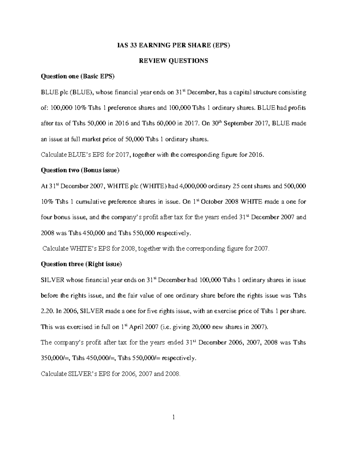 EPS - Practice ma - IAS 33 EARNING PER SHARE (EPS) REVIEW QUESTIONS ...